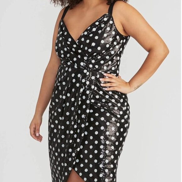 NWOT Rachel Roy Black and White Polka Dot Sequin Faux Wrap Dress Size 18/18W - Picture 2 of 12